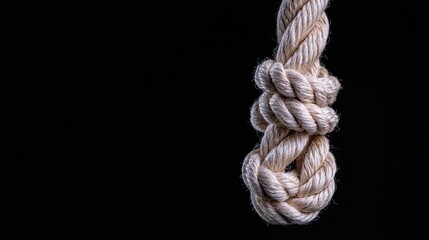 Close-up of a knot in a light beige rope against a black background. Possible use stock image