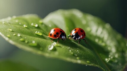 Fototapeta premium Two Ladybugs on Leaf with Water Droplets in Soft Lighting