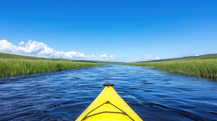 Kayak on a river, tranquil waterway, grassland background, outdoor recreation, scenic view