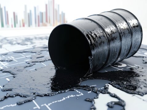Global Economic Crisis Oil Concept. A spilled oil barrel on a world map symbolizes environmental issues and resource management challenges.