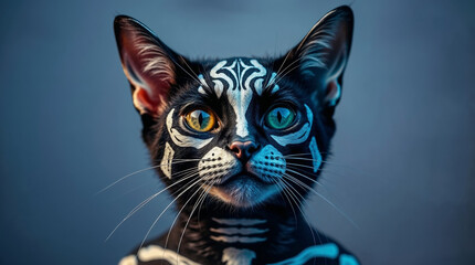 Funny cat wearing white skeleton makeup for Day of the Dead holiday.
