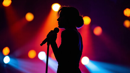 Silhouette of a young singer with microphone on stage. Girl singing a song on bright lit scene in music hall
