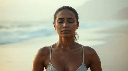 Young black Brazilian woman meditating on the beach at sunset. Calm dark skinned female person with closed eyes doing meditation by the sea in Rio de Janeiro, Brazil. Wellness concept