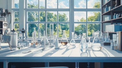 Modern Laboratory Interior with White and Blue Theme, Featuring Advanced Scientific Equipment and Instruments