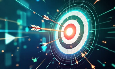 Arrows hitting target, digital background, success concept, marketing illustration