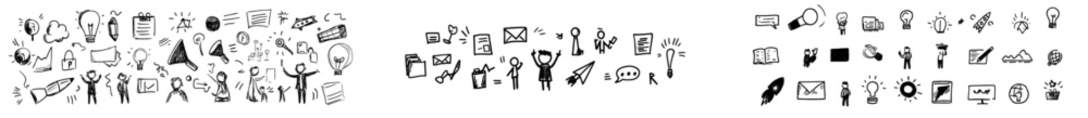 Business doodle icon set, a modern hand-drawn finance sketch featuring ink line startup money clipart. Creative presentation project scribbles include a cartoon cute strategy sign and an achievement