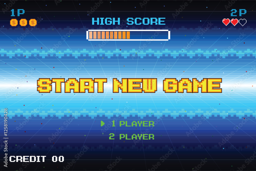 Poster start new game. play game. pixel art. 8 bit game. retro game. for game assets in vector illustration