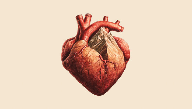 Human heart with a mountain inside, symbolic art piece
