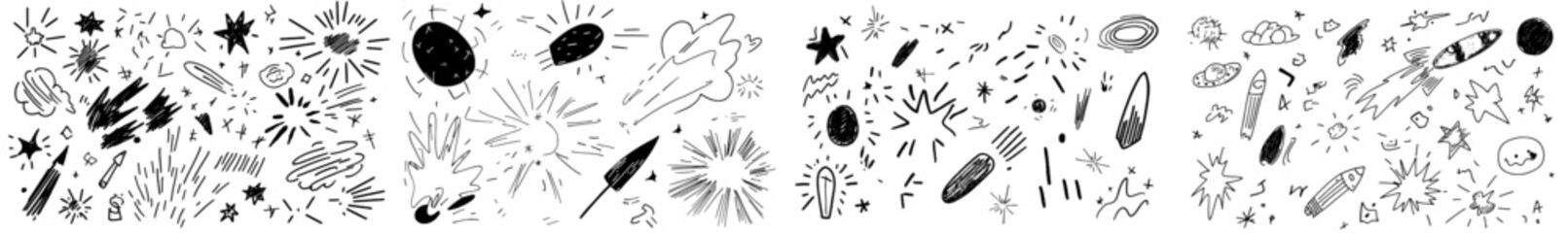 Doodle exclamation with manga comic rays and emotion expression, hand-drawn sparkles, splash, and flash burst symbol. Decorative starburst lines and cartoon surprise 2D explosion and bang effects in