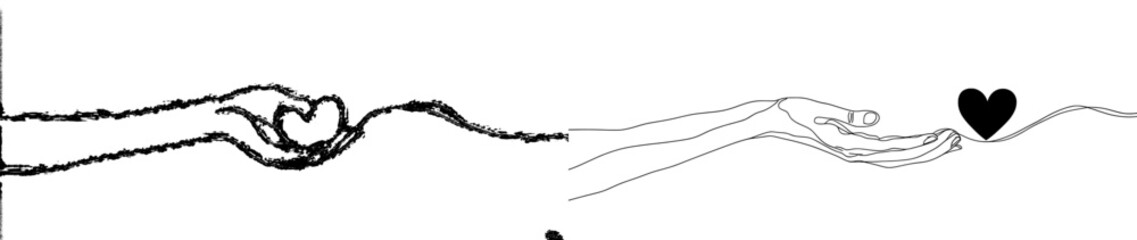 One continuous line drawing of hands holding a heart. This symbolizes love and volunteerism in a simple, modern, linear style. The illustration is editable with clean strokes