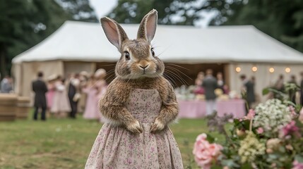 Rabbit Dressed for a Garden Wedding in Floral Gown Attending Ceremony with Guests and Marquee Tent