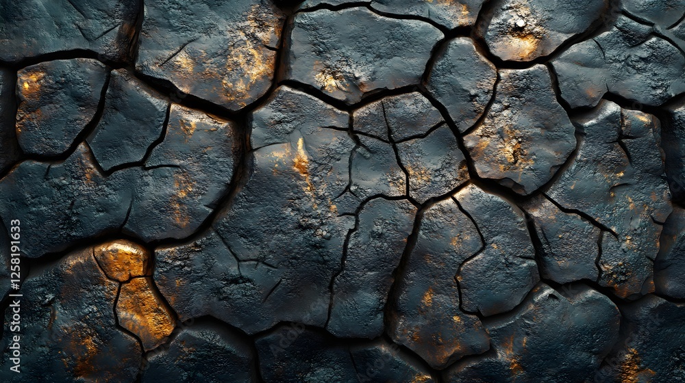 Poster dark cracked texture with golden highlights. a rough, volcanic-like surface. macro texture backgroun