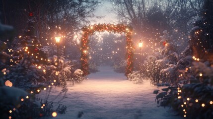 Naklejka premium Snowy pathway arch lights winter wonderland Christmas