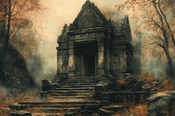 Fototapeta premium Ancient temple ruins surrounded by autumn foliage in a misty forest landscape
