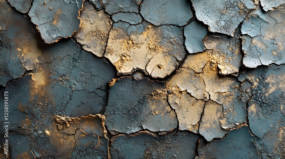Poster Close-up view of cracked earth, showcasing a mix of deep blue and golden hues. An abstract image ideal for background use. Macro Texture Backgrounds. A Study in Deep Blues and Golds
