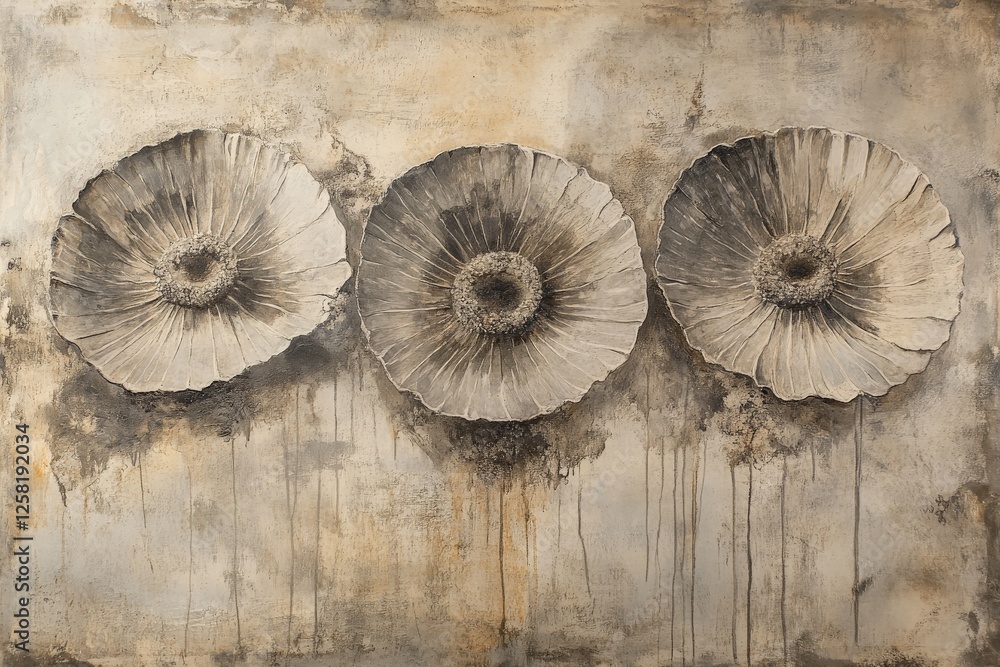 Poster three large flower petals create an artistic display with textured details and neutral tones in a co