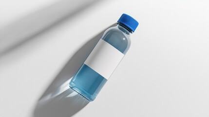 Blue water bottle mockup, blank label, studio shot, white background, product design