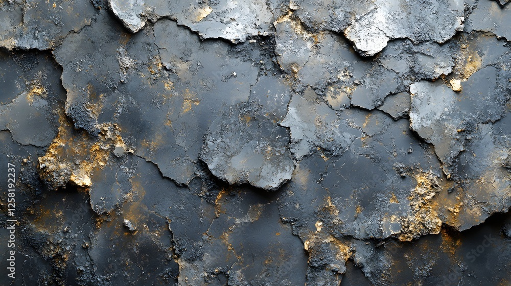 Poster Close-up view of an abstract texture featuring cracked gray and gold surfaces, creating a visually interesting pattern. Macro Texture Backgrounds. Abstract Gray and Gold Texture