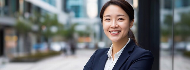 Happy confident smiling East asian business woman, female entrepreneur businesswoman manager looking away standing outdoors on business city street dreaming of career success.
