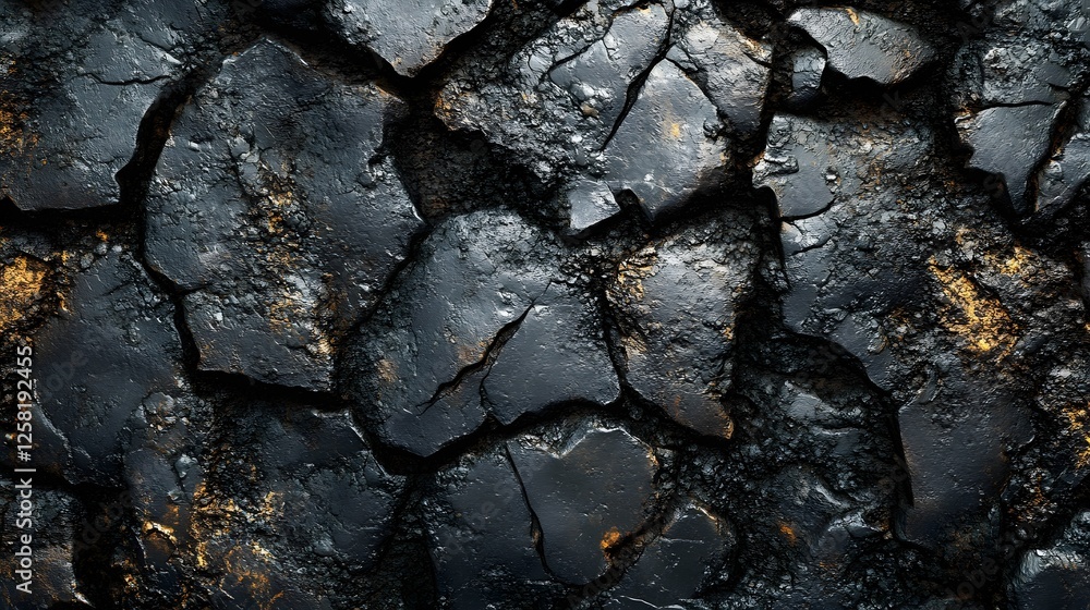 Poster abstract background of a dark, cracked stone texture. the image features black and gold tones. macro