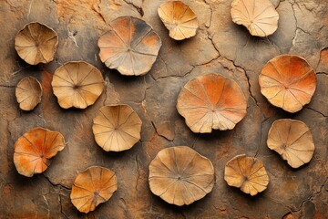 Decorative wall art featuring unique brown and orange leaf-shaped designs against a textured,...