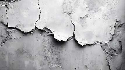 Fototapeta premium A close-up shot of a heavily cracked wall, showcasing various textures and levels of decay. The grayscale palette emphasizes the roughness and age of the surface Macro Texture Backgrounds