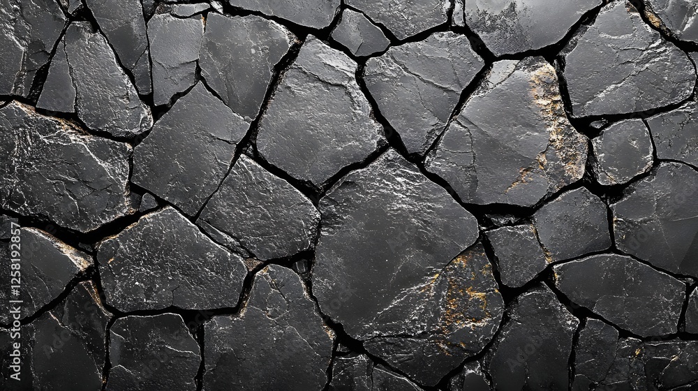 Aufkleber a detailed close-up shot of a dark stone wall. irregularly shaped black rocks form a textured surfac