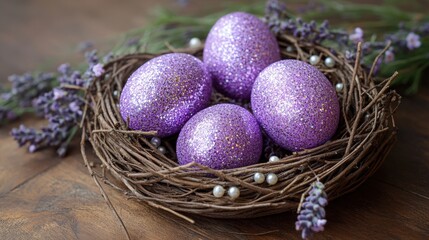 Purple Glitter Easter Eggs in Bird's Nest