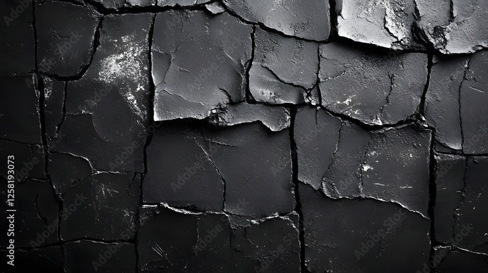 Aufkleber Dark abstract monochrome image featuring a cracked black surface. Ideal for background or design projects. Macro Texture Backgrounds. Abstract Black Cracked Texture: A Monochromatic Masterpiece
