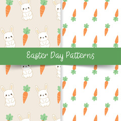 Seamless Easter vector patterns with cute bunnies and carrots, editable background for holiday decor and packaging