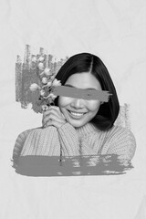 Photo poster artwork minimal design collage of young beautiful charming woman anonym hide eyes hold...
