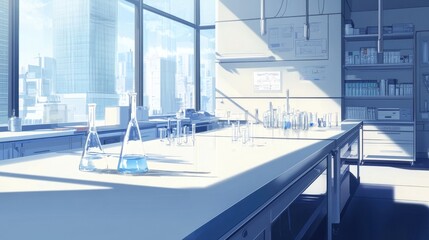 Modern Laboratory Interior with White and Blue Theme, Featuring Advanced Scientific Equipment and Instruments
