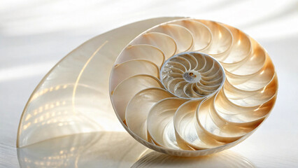 Obraz premium Elegant Nautilus Shell with Intricate Spiral Patterns and Soft Natural Lighting