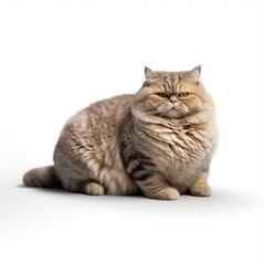 Obraz premium Soft furred british longhair cat resting peacefully against pristine white background, highlighting breed's majestic appearance and plush coat texture