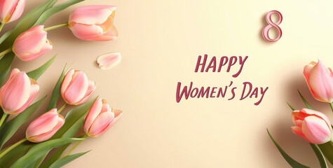 Pink tulips on a beige background with the text "Happy Women's Day" and the number eight. This is a concept for a celebration greeting card banner template design for International Women's Day.
