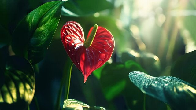 Closeup Red Heart Shaped Anthurium Flower With Lush Green Leaves