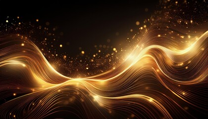 Obraz premium dynamic gold light streaks forming a wave pattern against a dark background, sparkling particles resembling stars