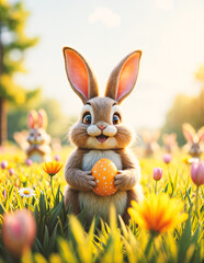 Fototapeta premium A brown rabbit holding a decorated Easter egg.