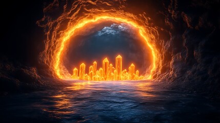 Naklejka premium Glowing Crystal City Within a Fiery Cave Entrance