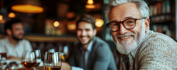 Smiling Senior Man with Friends at Restaurant, Enjoying Drinks and Conversation Cheerfully.