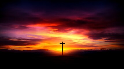 Obraz premium Radiant Sunset Silhouette of Christian Cross Symbolizing Faith Hope Redemption and Spirituality