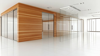 Obraz premium Modern Office Interior, Glass Walls & Wood Paneling, Enhancing Workspace Aesthetics with Natural Light and Minimalist Design.