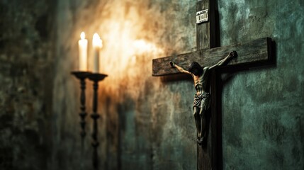 A faded wooden crucifix hanging on the wall of a dimly lit chapel, candlelight casting flickering shadows upon it