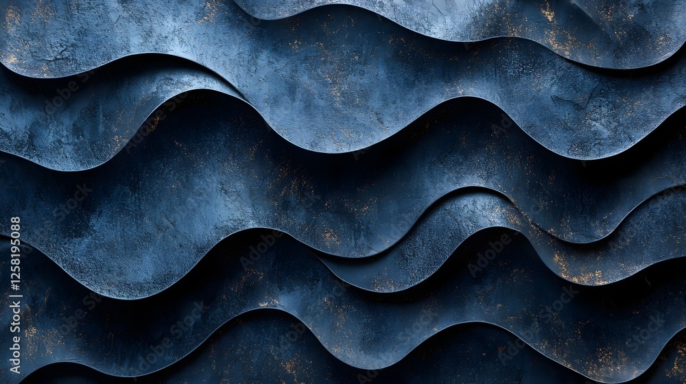 Poster Abstract image featuring undulating blue waves with a textured surface and hints of gold. Perfect as a background or design element. Macro Texture Backgrounds Flexible Rubber Surface Detail.