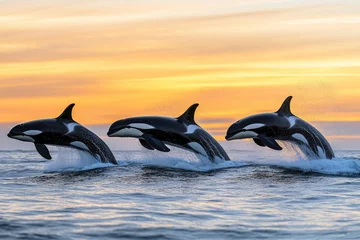 Poster Three orcas breach the ocean surface at sunset, a breathtaking display of power and grace.