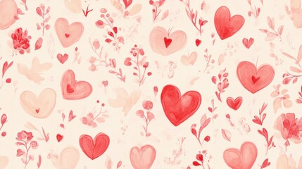 A beautiful watercolor pattern featuring red hearts and delicate flowers, perfect for romantic designs and seasonal decorations.