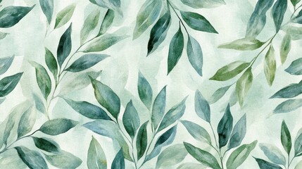 Fototapeta premium A beautiful watercolor pattern featuring an array of green leaves. This nature-inspired design adds a fresh touch, perfect for backgrounds and decor.