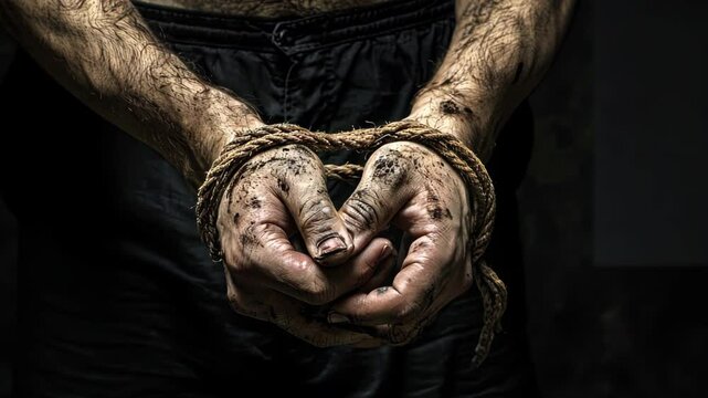 Slave's hands tied with rope close-up. Concept of slavery, lack of freedom. Prisoner in shackles black background. Poor man struggle. Fighting slavery, people oppression. Human rights.