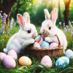 Two fluffy white rabbits sitting side-by-side in a wicker basket, surrounded by colorful Easter eggs.