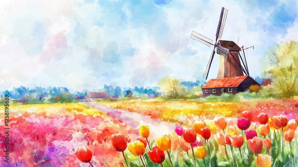 Aufkleber colorful watercolor illustration of tulip fields with windmill in vibrant spring setting. generative